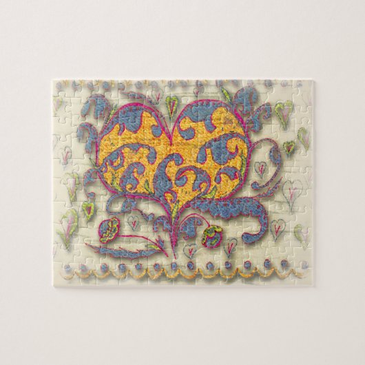 Folk Art Heart met bladeren en bloemen Legpuzzel (Horizontaal)