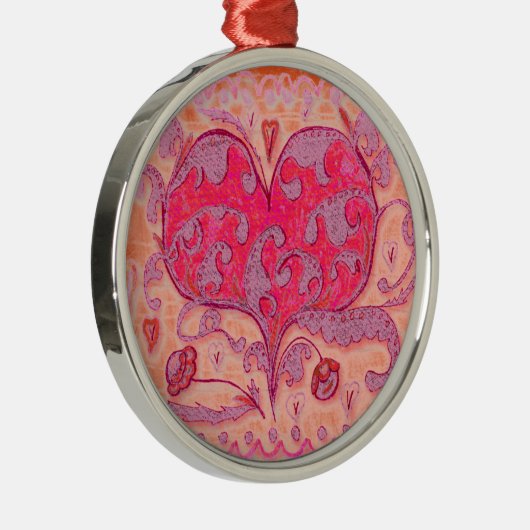 Folk Art Heart met bladeren en bloemen Metalen Ornament (Rechts)