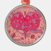 Folk Art Heart met bladeren en bloemen Metalen Ornament (Voorkant)