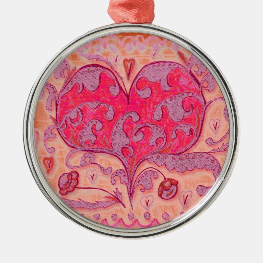 Folk Art Heart met bladeren en bloemen Metalen Ornament (Voorkant)