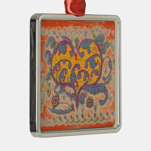 Folk Art Heart met bladeren en bloemen Metalen Ornament (Rechts)