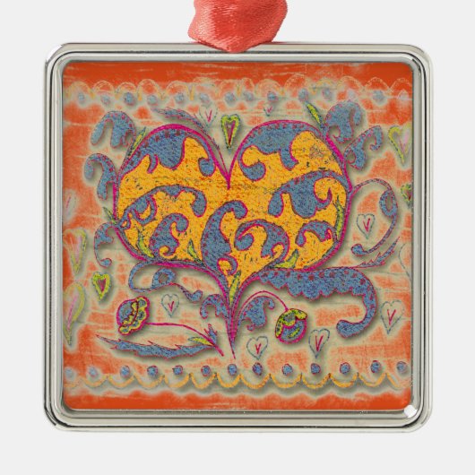 Folk Art Heart met bladeren en bloemen Metalen Ornament (Voorkant)