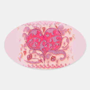 Folk Art Heart met bladeren en bloemen Ovale Sticker