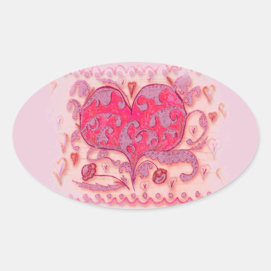 Folk Art Heart met bladeren en bloemen Ovale Sticker (Voorkant)
