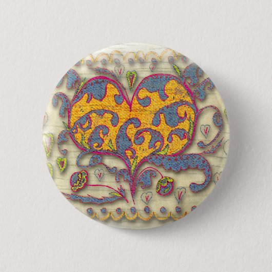 Folk Art Heart met bladeren en bloemen Ronde Button 5,7 Cm (Voorkant)