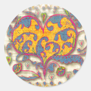 Folk Art Heart met bladeren en bloemen Ronde Sticker