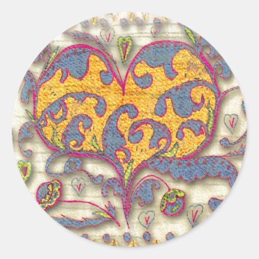 Folk Art Heart met bladeren en bloemen Ronde Sticker (Voorkant)
