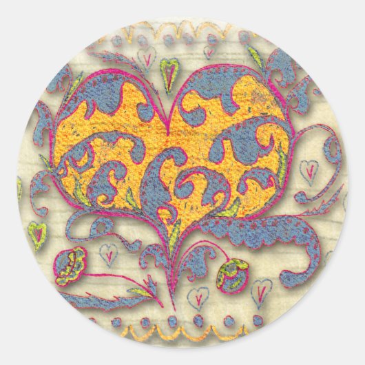 Folk Art Heart met bladeren en bloemen Ronde Sticker (Voorkant)