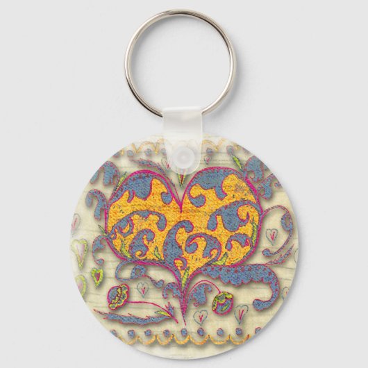 Folk Art Heart met bladeren en bloemen Sleutelhanger (Voorkant)