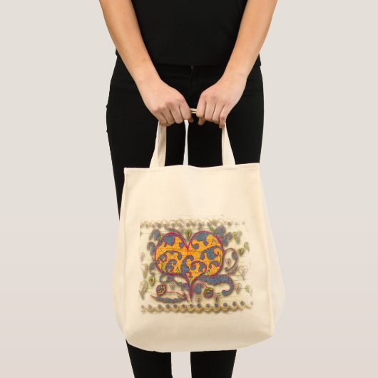 Folk Art Heart met bladeren en bloemen Tote Bag (Voorkant (product))