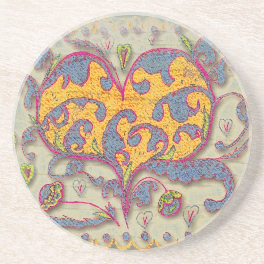 Folk Art Heart met bladeren en bloemen Zandsteen Onderzetter (Voorkant)