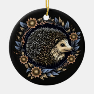 Folk Art Hedgel in een Wreater of Blue Flowers Keramisch Ornament