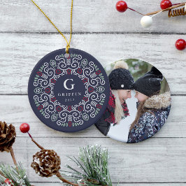 Folk Art Holiday Monogram & foto dubbelzijdig Keramisch Ornament