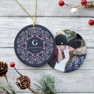 Folk Art Holiday Monogram & foto dubbelzijdig Keramisch Ornament