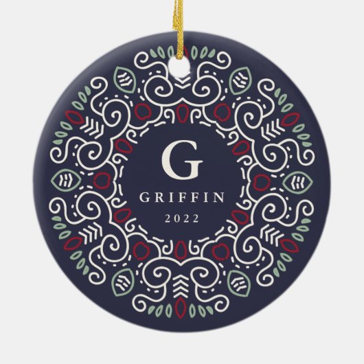 Folk Art Holiday Monogram Keramisch Ornament (Achterkant)