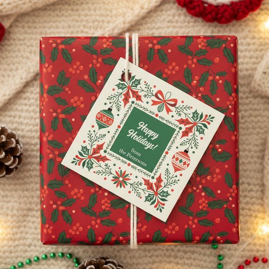 Folk Art Holly Krans en Ornament Kerst Bedankjes Labels