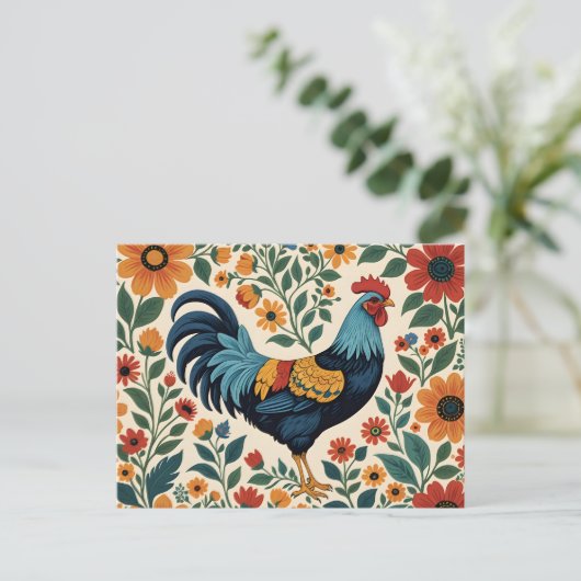 Folk Art Indigo Rooster Briefkaart (Staand voorkant)