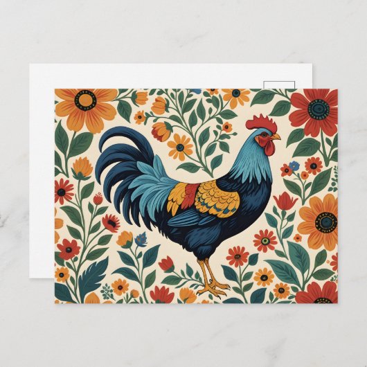 Folk Art Indigo Rooster Briefkaart (Voorkant / Achterkant)