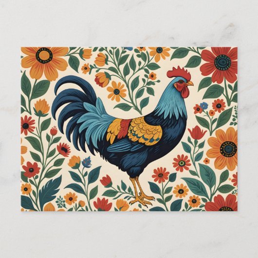 Folk Art Indigo Rooster Briefkaart (Voorkant)