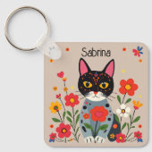 Folk Art Katten en bloemen gepersonaliseerd Sleutelhanger (Voorkant)