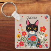 Folk Art Katten en bloemen gepersonaliseerd Sleutelhanger (Voorkant)