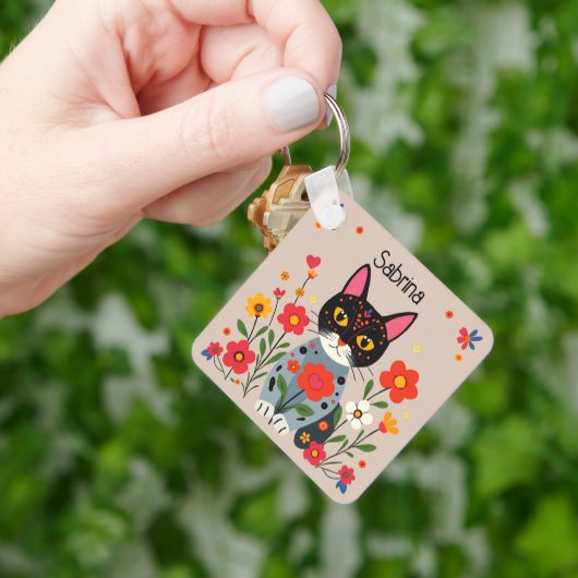 Folk Art Katten en bloemen gepersonaliseerd Sleutelhanger (Hand)