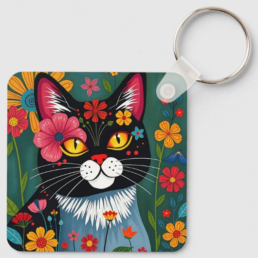 Folk Art Katten en bloemen gepersonaliseerd Sleutelhanger (Achterkant)