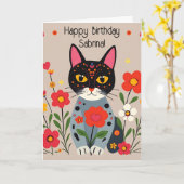 Folk Art Katten en bloemen gepersonaliseerde verja Kaart (Gele Bloem)