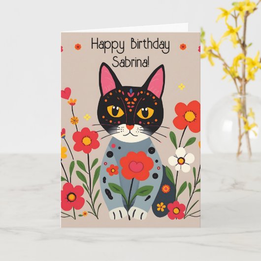 Folk Art Katten en bloemen gepersonaliseerde verja Kaart (Gele Bloem)