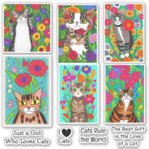 Folk Art Katten en Kleurrijke Bloemen Sticker