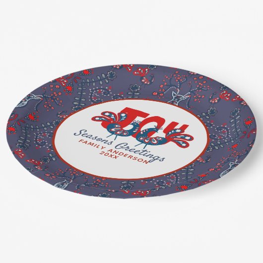 Folk Art Kerstmis Scandinavian Bird Blue Papieren Bordje (Gekanteld)