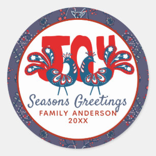 Folk Art Kerstmis Scandinavian Bird Blue Ronde Sticker