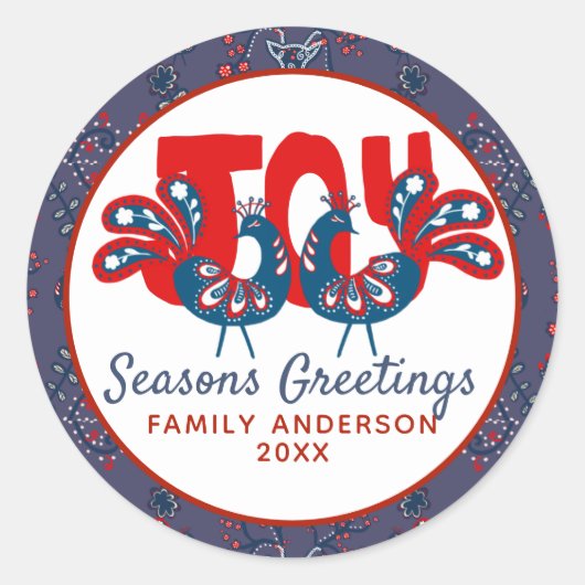 Folk Art Kerstmis Scandinavian Bird Blue Ronde Sticker (Voorkant)