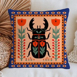Folk Art Kever Insect Illustratie Bloemstuk Kussen