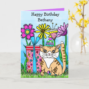 Folk Art Kitty Cat en Colorful Flowers Kaart