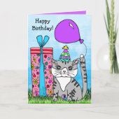 Folk Art Kitty Cat Happy Birthday Kaart (Voorkant)