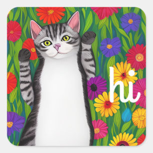 Folk Art Kleurrijke Kat en Bloemen gezegde Hi AI k Vierkante Sticker