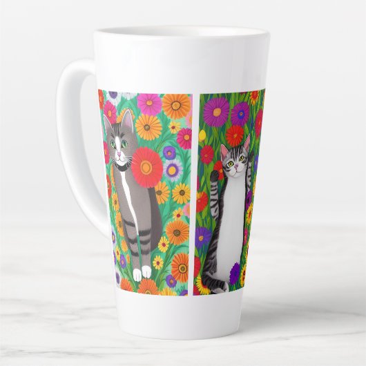 Folk Art Kleurrijke Katten en Bloemen | AI-art Latte Mok (Linkerhoek)