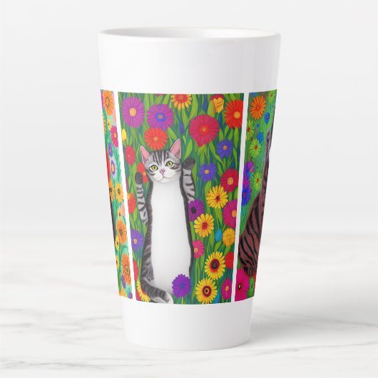 Folk Art Kleurrijke Katten en Bloemen | AI-art Latte Mok (Voorkant)