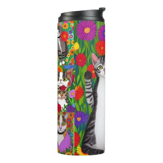 Folk Art Kleurrijke Katten en Bloemen | AI-art Thermosbeker (Gedraaid links)