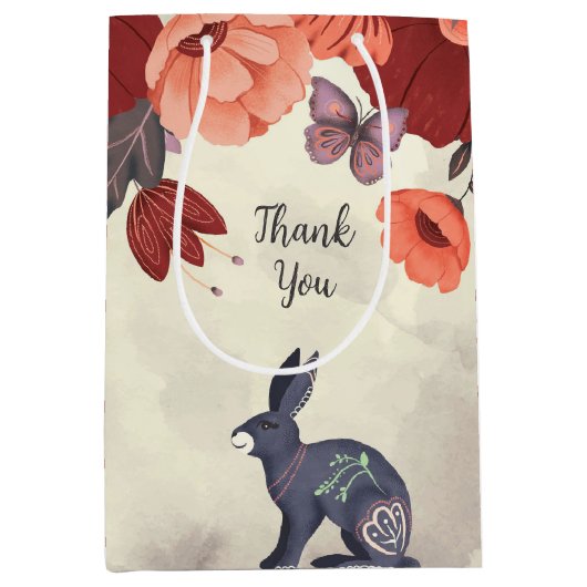 Folk Art Konijn Vlinder Bloemen Medium Gift Bag Medium Cadeauzakje (Voorkant)