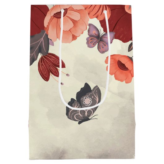 Folk Art Konijn Vlinder Bloemen Medium Gift Bag Medium Cadeauzakje (Achterkant)