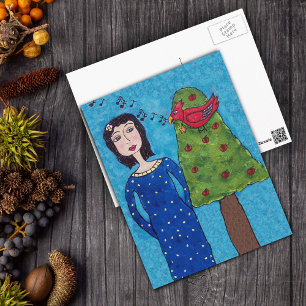 Folk Art Lady Apple Tree Red Bird Muzieknoten Briefkaart