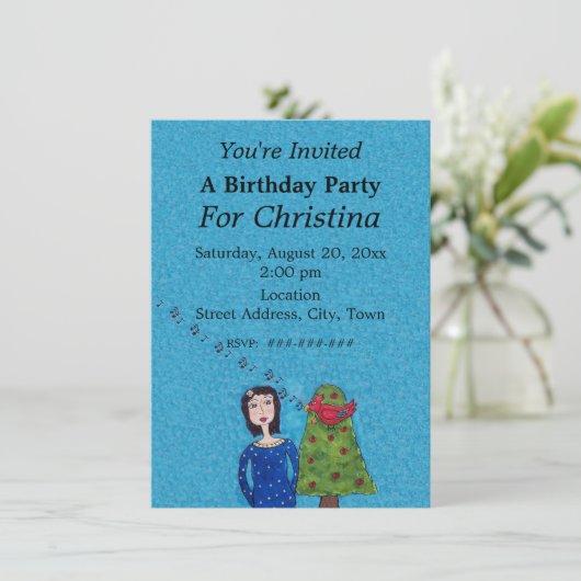 Folk Art Lady Apple Tree Zingt Red Bird Blue Kaart (Staand voorkant)