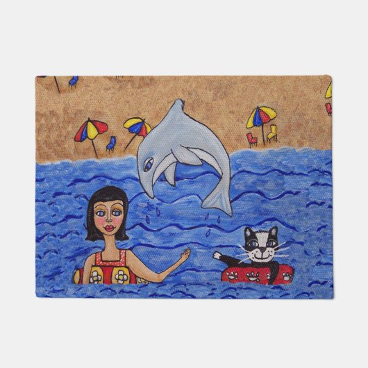 Folk Art Lady Cat Beach Ocean Dolphin Swimming Deurmat (Voorkant)