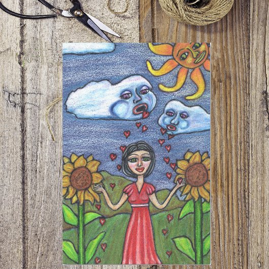 Folk Art Lady Clouds zonnebloemen Sun Hearts Tissuepapier
