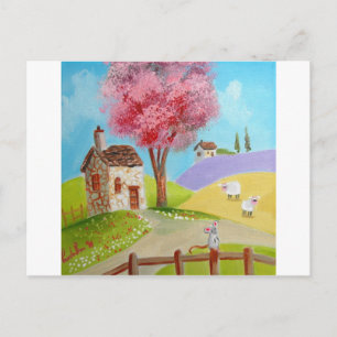 Folk art landscape muis schaap oud huisje briefkaart