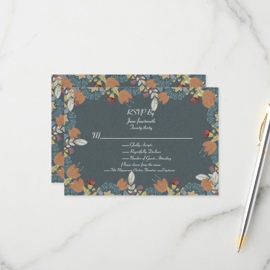 Folk Art Lijst in Blauw Bruin Tan RSVP Kaartje (Voorkant / Achterkant in situ)