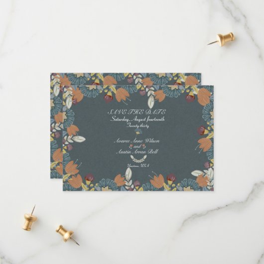 Folk Art Lijst in Blauw Bruin Tan Save The Date (Voorkant / Achterkant in situ)