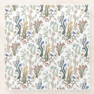 Folk Art Meadow & Blauwe Vogel in Aardse Tonen Glazen Onderzetter